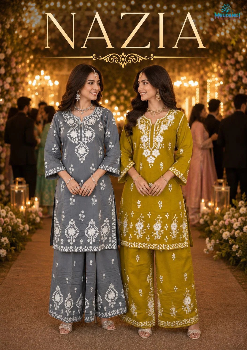 Mrudangi Nazia Pv Chanderi Embroidered Work Kurti With Palazzo