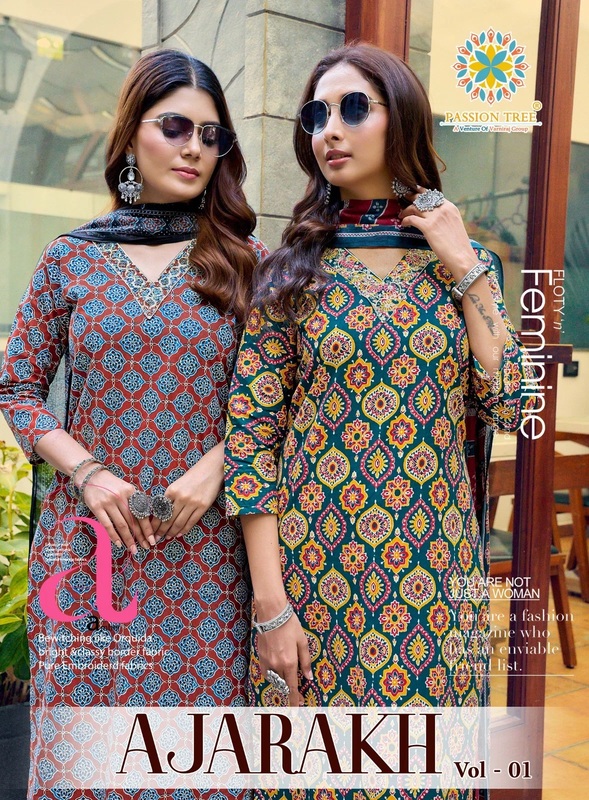 Passion Tree Ajarakh Vol 1 Cotton Printed Kurti With Bottom Dupatta