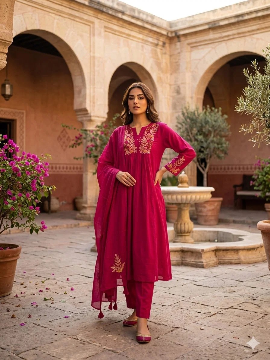 Nisha 1002 Mul Cotton Hand Worked Kurti Pant With Dupatta