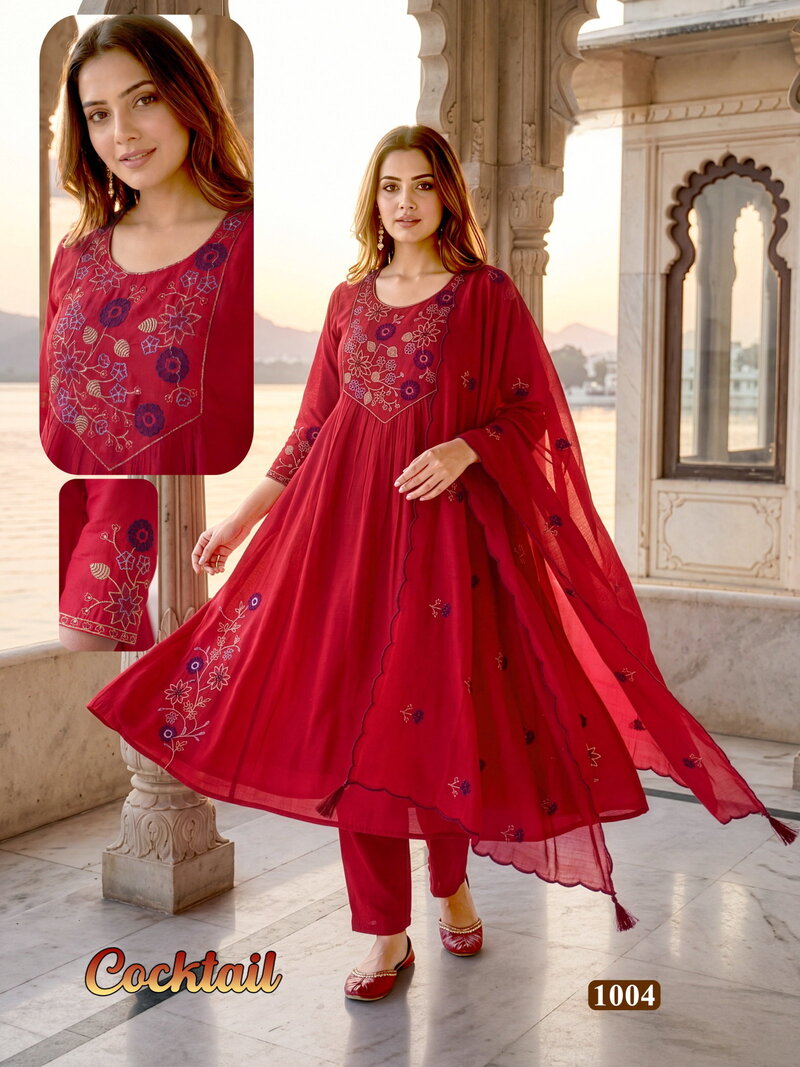 Cocktail 1001 To 08 Mal Chanderi Anarkali Kurti Set With Dupatta