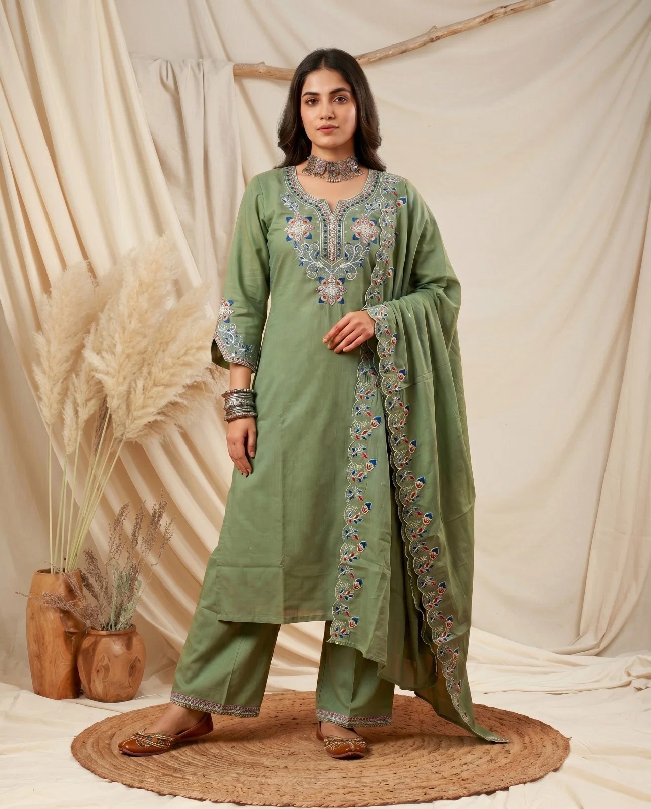 nisha K 1011 Cotton Slub Emboidered Kurti Bottom With Dupatta
