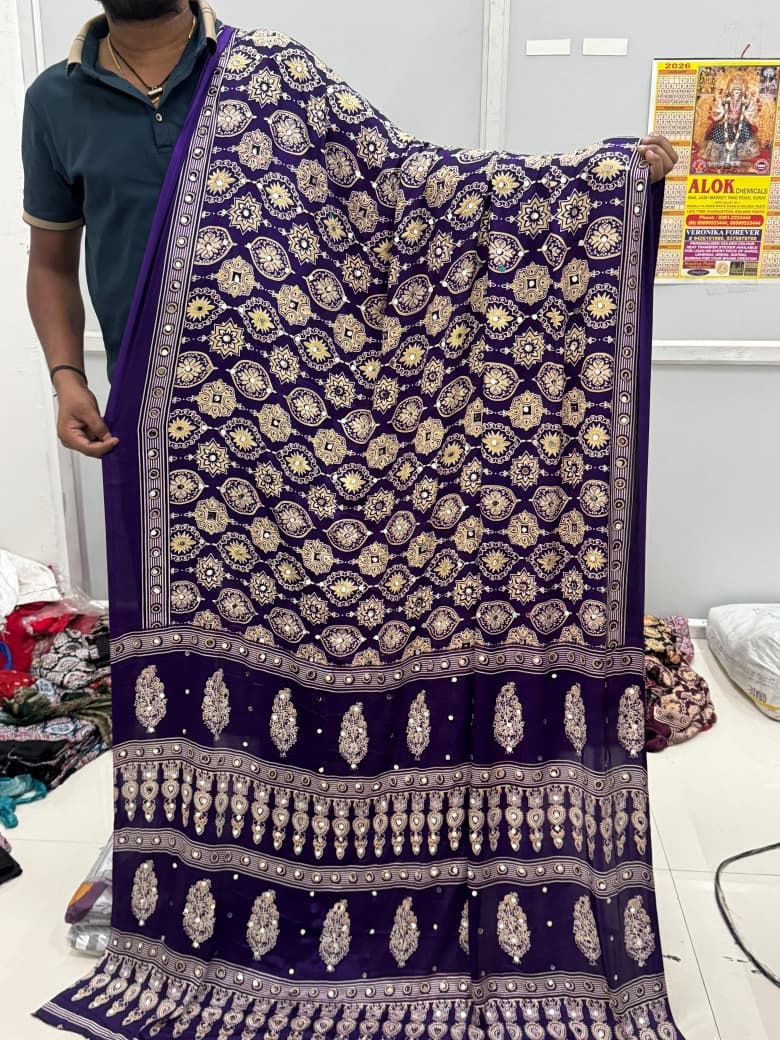 Kc 2138 Sattin Silk Mirror Work Printed Ajrakh Saree Collection