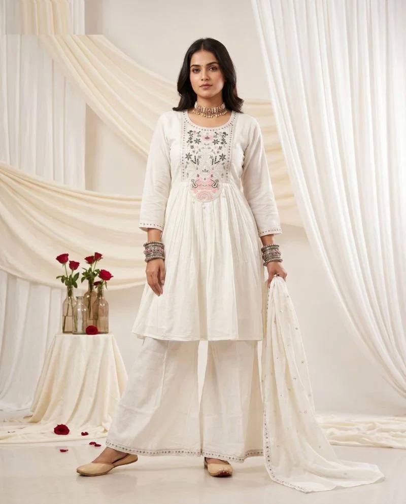 Nisha K 1068 Embroidered Kurti With Bottom Dupatta