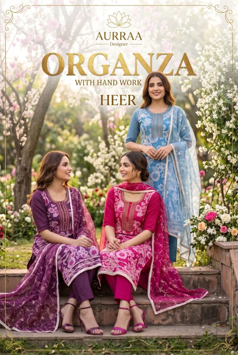 Aurraa Heer Organza And Hand Work Kurti With Bottom Dupatta