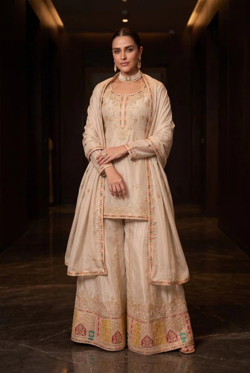 Aurraa Kathaa Chinon Embroidered Salwar Palazzo With Dupatta