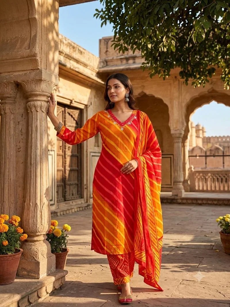 Tlc Vol 32 Cotton Leheriya Printed Kurti Set With Dupatta