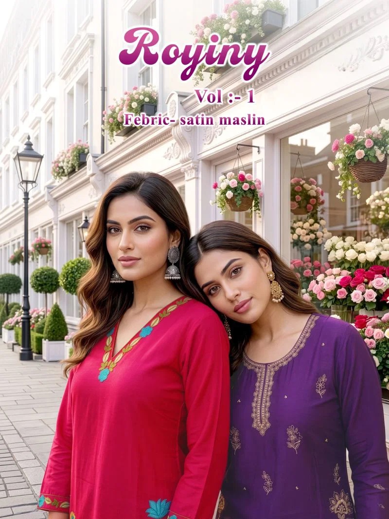 Royiny Vol 1 Muslin Embroidery Worked Kurti Set With Dupatta
