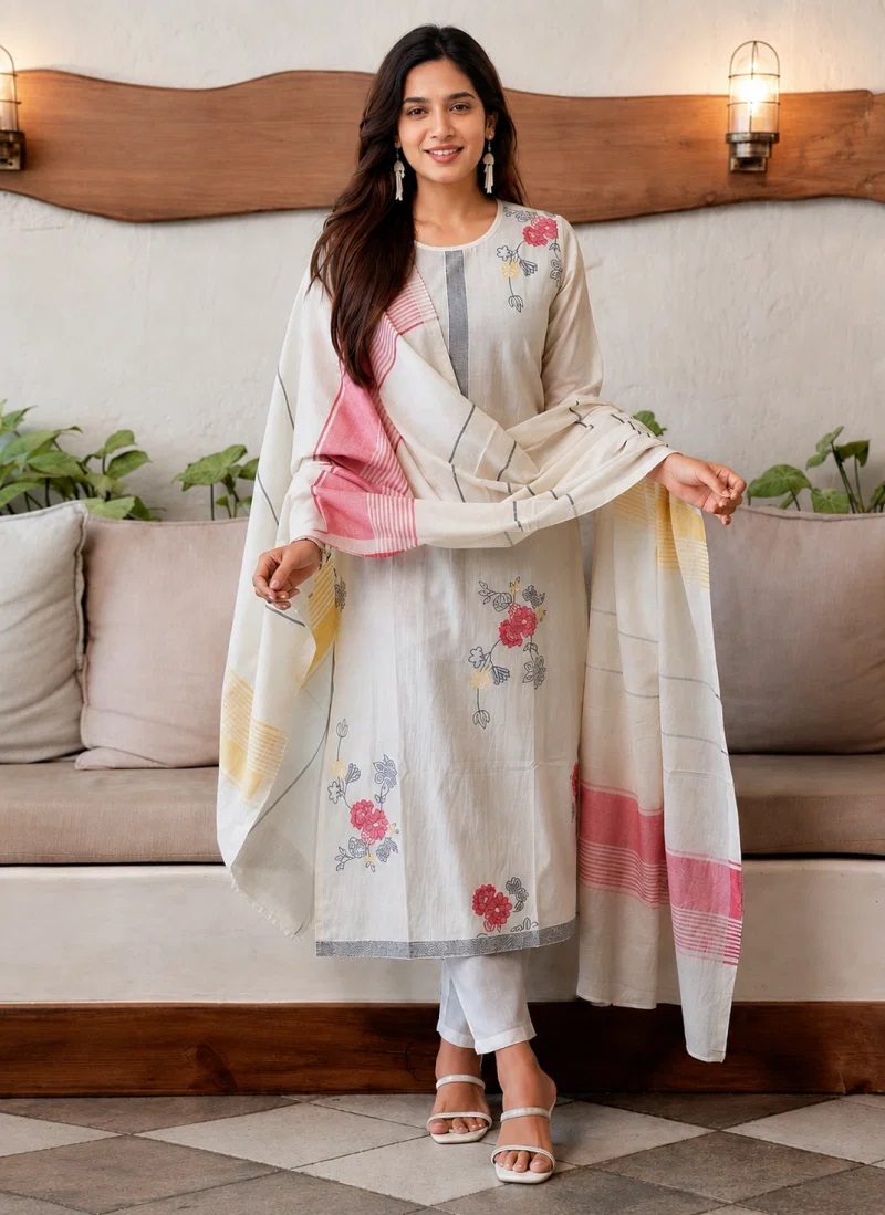Drd 06 White Cotton Printed Kurti Pent With Dupatta Collection