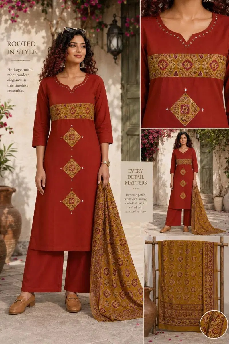 Tlc Vol 76 Dhabu Cotton Mirror Work Kurti Set With Dupatta
