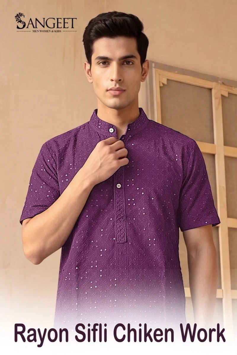 Sangeet Rayon Sifli Chicken Work Vol 3 Sequence Short Kurta For Men's