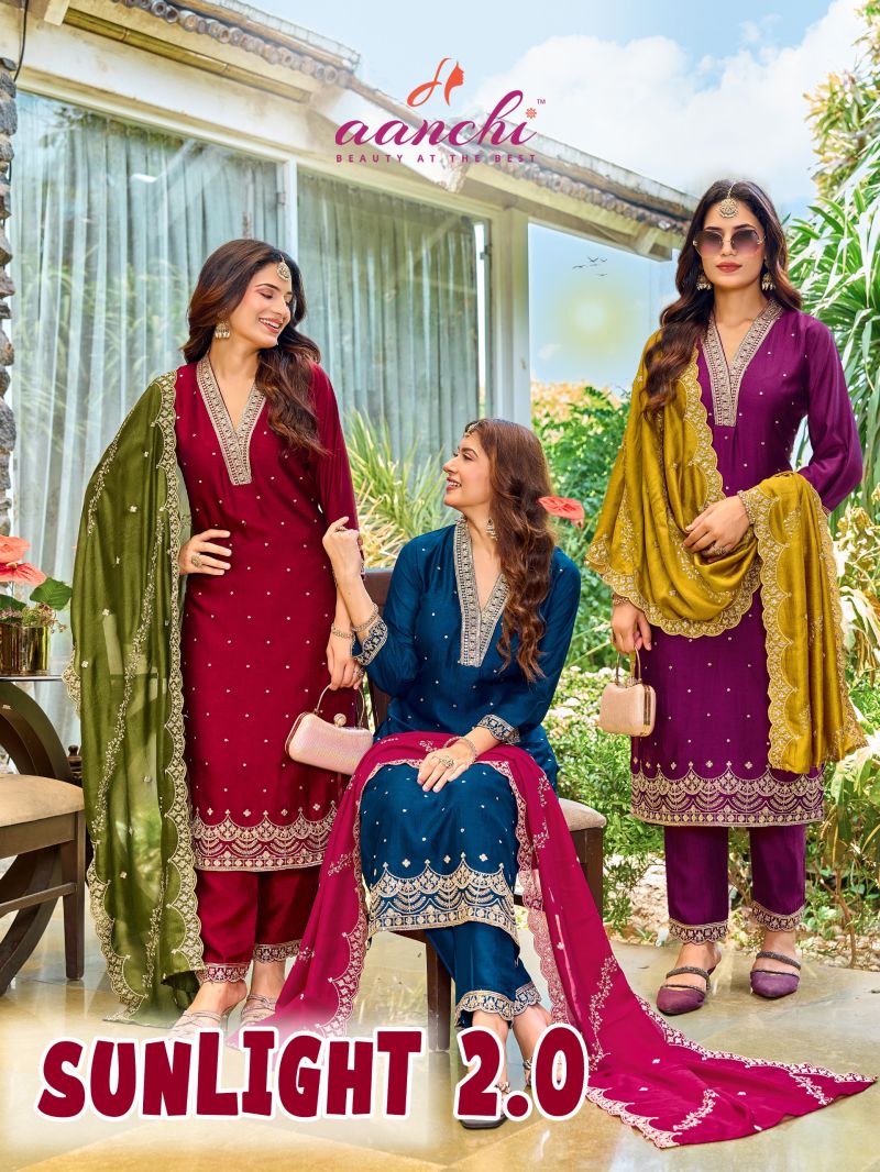 Aanchi Sunlight Vol 2 Vichitra Silk Fancy Neck Work Kurti Bottom With Dupatta