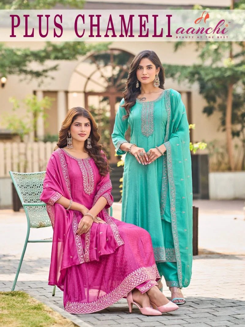 Aanchi Plus Chameli Vichitra Silk Anarkali Kurti With Pant Dupatta