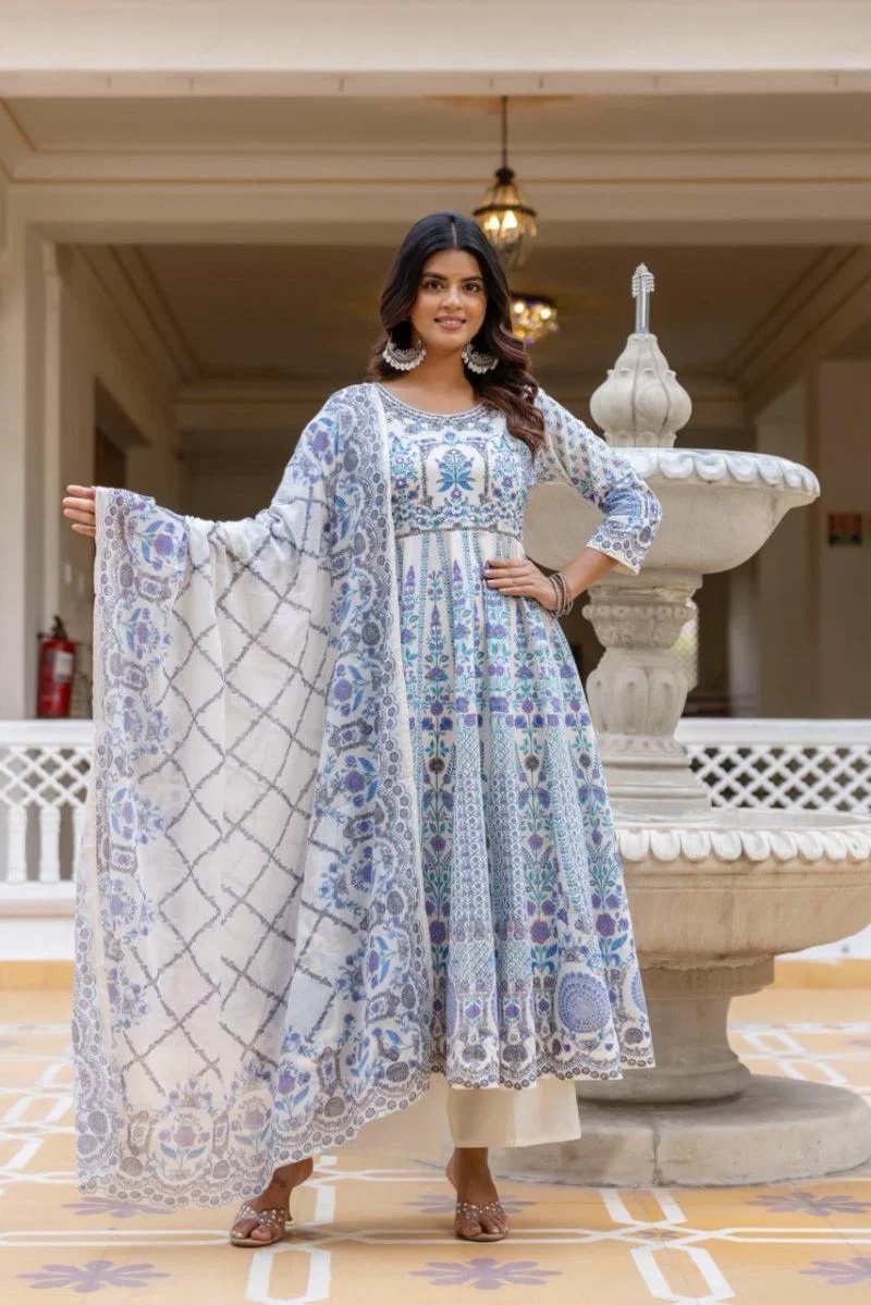 Vani Vol 5 Cotton Printed With Handwork Anarkali Kurti Set With Dupatta