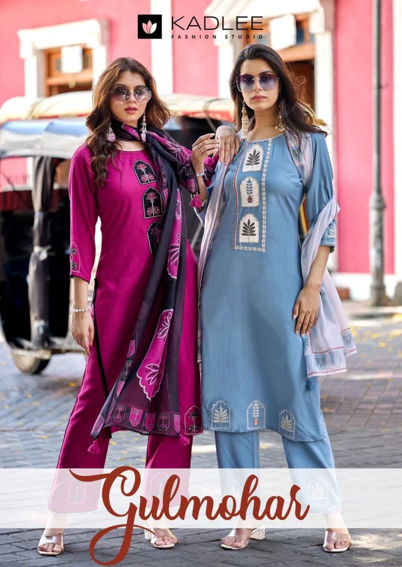 Kadlee Gulmohar Rayon Thread Work Kurti Set With Dupatta