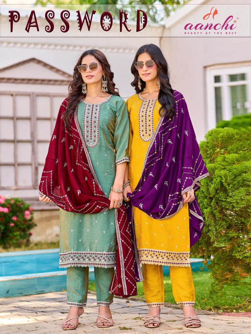 Aanchi Password Vichitra Embroidery Work Kurti Set With Dupatta