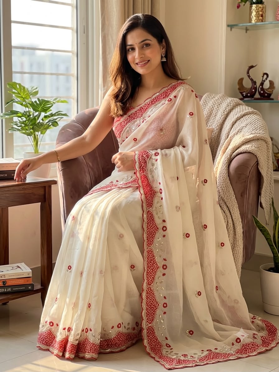 NC 5623 White Embroidery Sequins Work Saree Collection