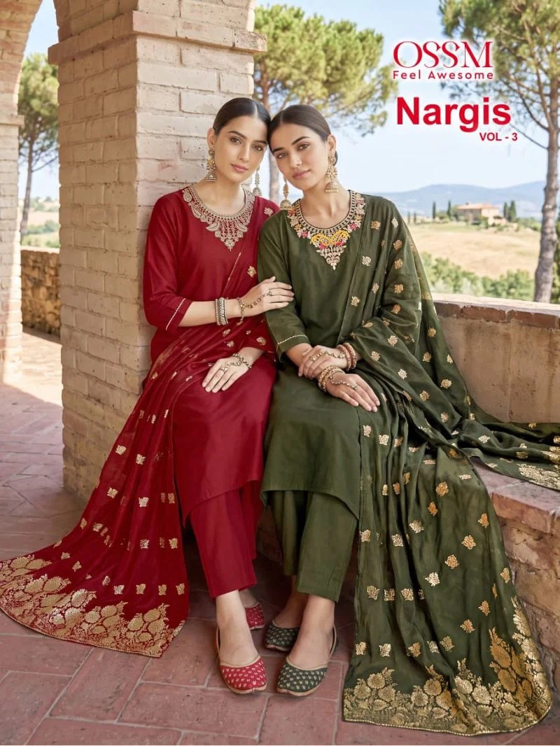 Ossm Nargis Vol 3 Roman Silk Embroidered Kurti Set With Dupatta