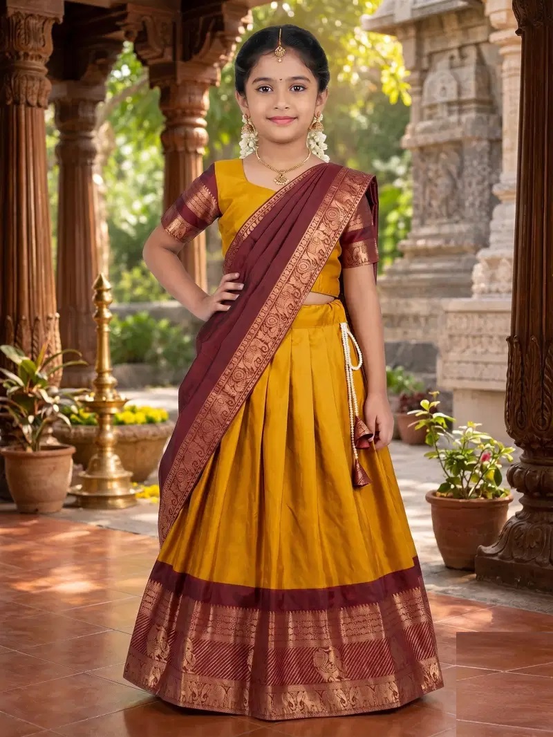 St D No 195 Lichi Silk South Indian Kids Lehenga Choli