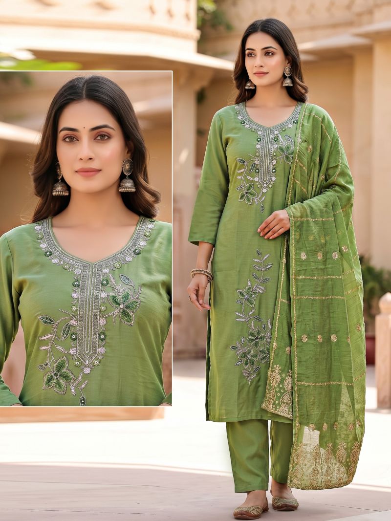 Chiku Combo Mul Chanderi Beads Worked Kurti Bottom With Dupatta