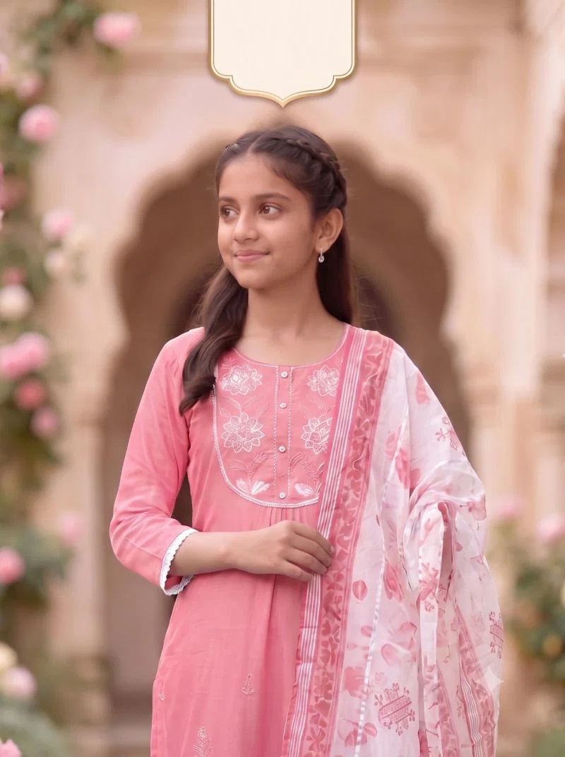Mrinali 10369 Mul Chanderi Kids Girls Kurti Set With Dupatta