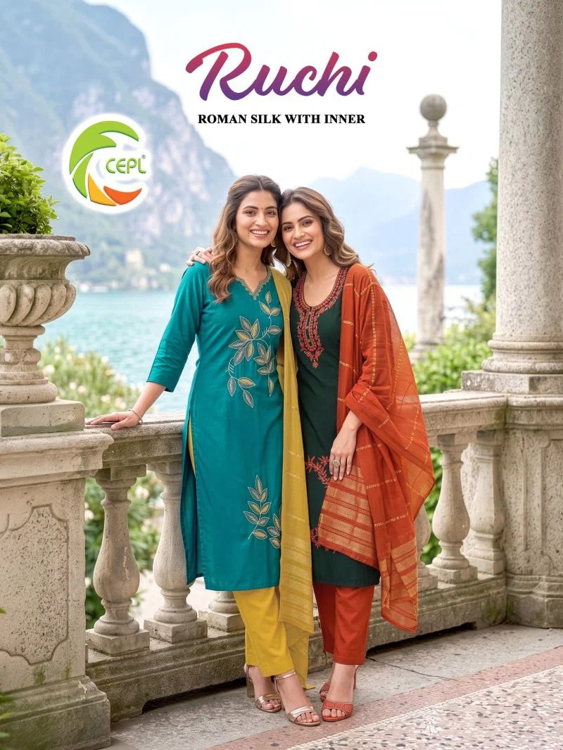 Ruchi Vol 1 Roman Silk Embroidered Kurti Set With Dupatta