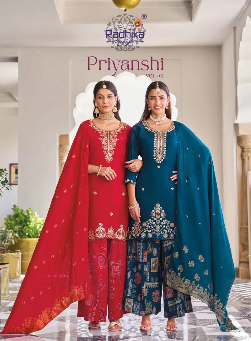 Radhika Priyanshi Vol 1 Beats Work Kurti With Bottom Dupatta
