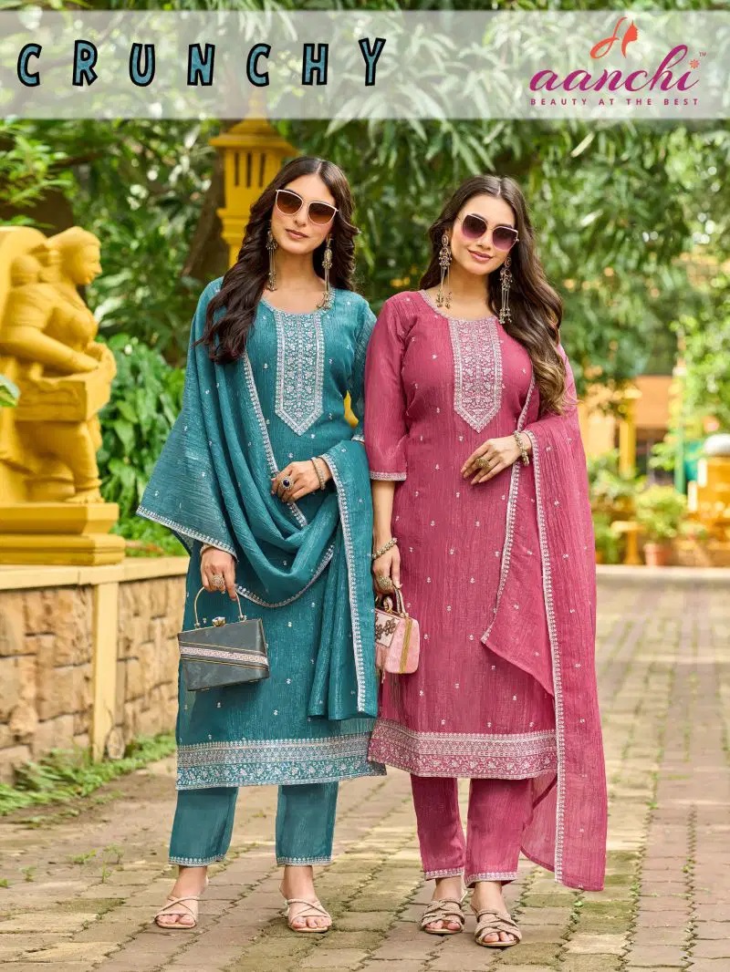 Aanchi Crunchy Vol 1 Embroidered Kurti With Bottom Dupatta
