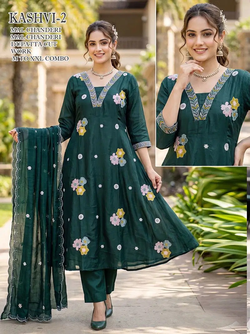 Kaashvi Combo Mul Chanderi Embroidered Kurti Bottom With Dupatta