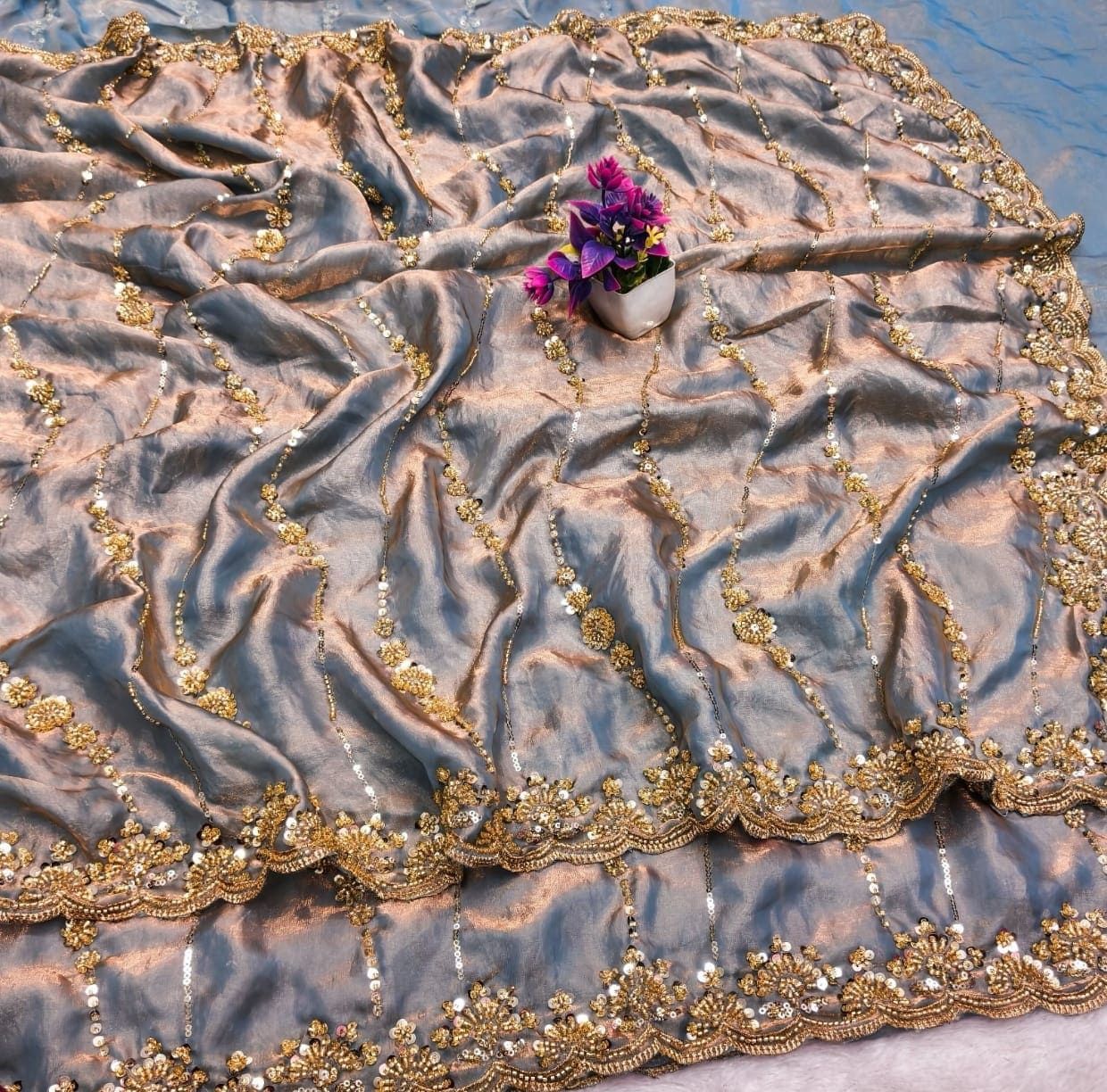 Vt 6071 T Space Silk Original Gold Beeds Worked Designer Saree Collection